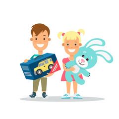 Flat Family children with toys gifts vector. Parenting holidays