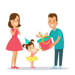 Flat Family children vector holiday. Father present gift