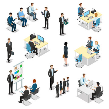 Boss work places flat vector isometric interior. Business people