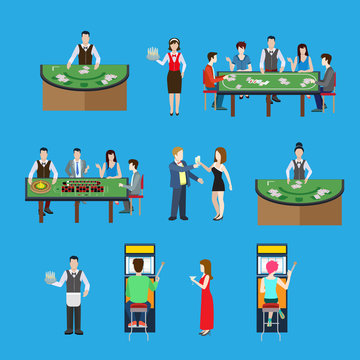 Gambling casino interior poker and roulette tables flat vector