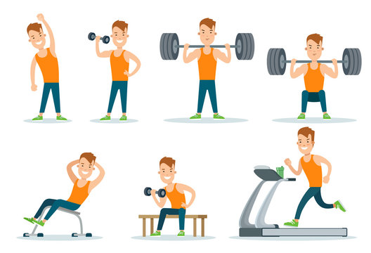Sportsmen pumping iron and exercise in gym icon set