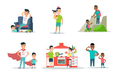 Fototapeta premium Linear Flat father son vector set. Dad children family value
