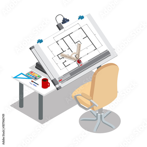 Flat Style Isometric Architectural Drawing Board Table Vector