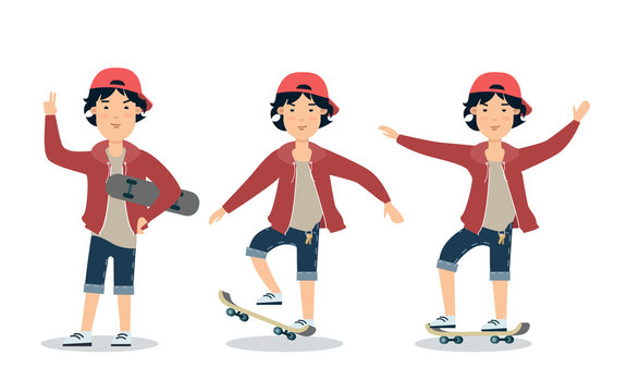 Flat boy skateboarding sport vector. Male teen skater on skate