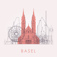 Fototapeta na wymiar Outline Basel skyline with landmarks. Vector illustration. Business travel and tourism concept with historic buildings. Image for presentation, banner, placard and web site.
