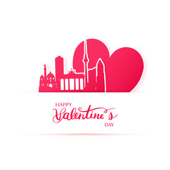 Red heart and silhouette of Berlin city, paper stickers. Valentine card in paper art style.