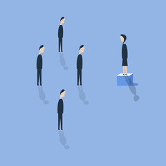 Obraz premium Business woman leader speaking on top of the column graph, vector illustration. Royalty free stock images.