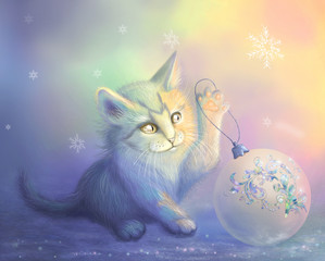 Raster illustration with a kitty and a christmas ball