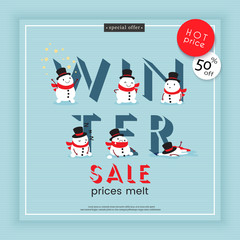 Winter sale. Prices melt. Creative advertising banner illustrated with melting snowmen. Vector illustration