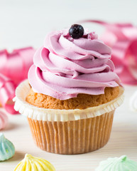 Closeup of cupcakes with vanilla, berries, pink and white cream, chocolate and sprinkles on wooden background. Selective focus. Sweet dessert tasty food concept muffin.