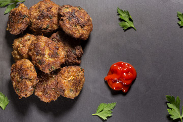 Slate slab with homemade Meatballs made from pork, beef and vegetables