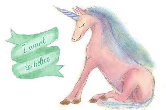 Isolated cute unicorn. Nursery unicorns illustration.  Hand-drawn style. Digital watercolor.