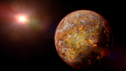 alien planet with lava streams lit by a bright and hot star 
