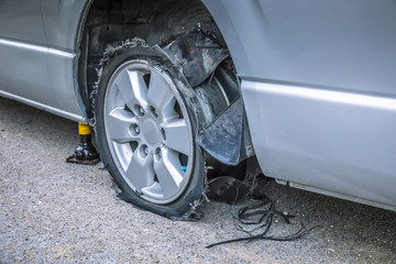 Damaged tire after tire explosion