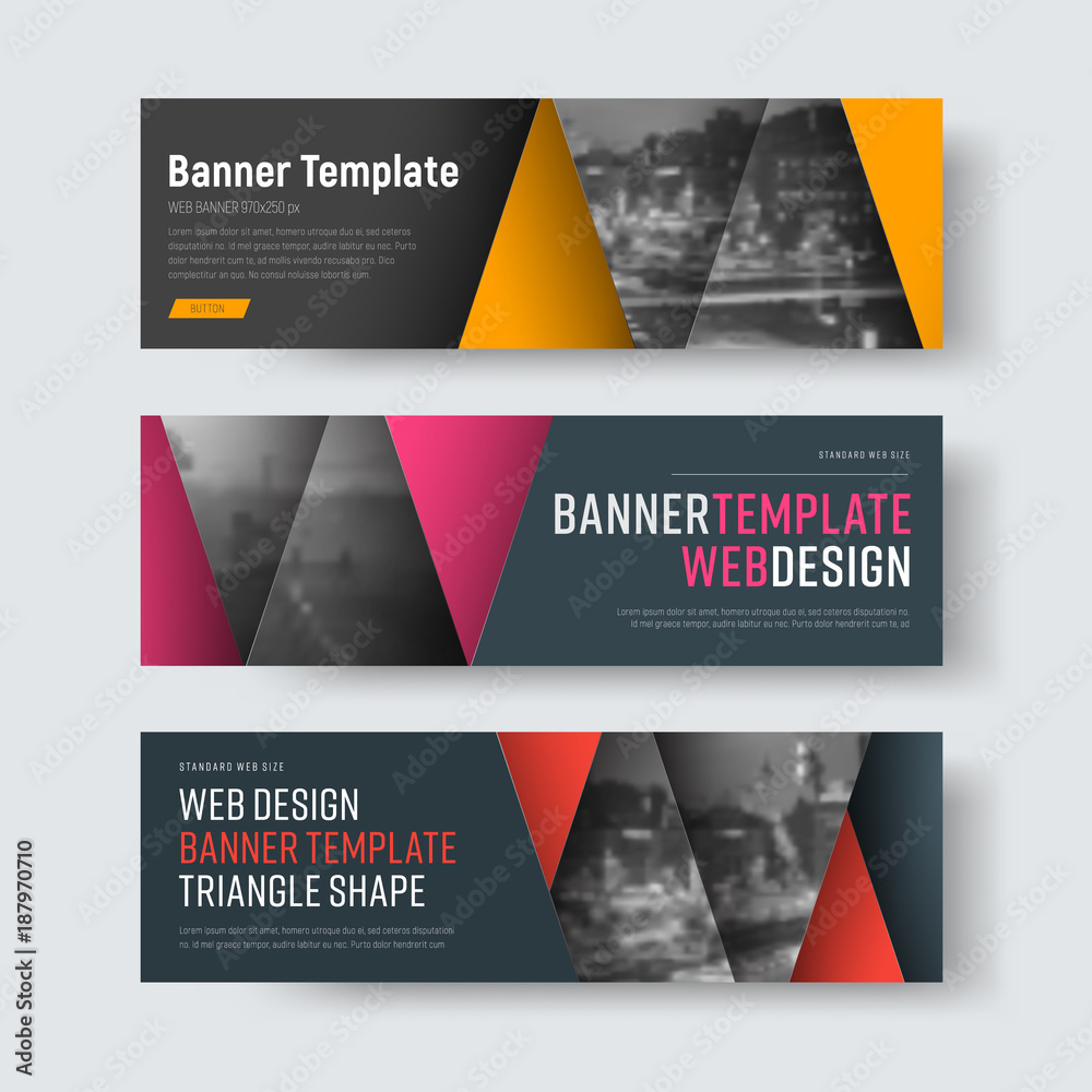 Poster template of horizontal web banners with a red, pink and yellow triangle and a place for photos