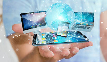 Businessman connecting tech devices and icons applications 3D rendering