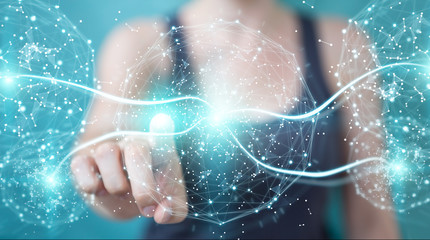 Businesswoman using digital network connection sphere 3D rendering