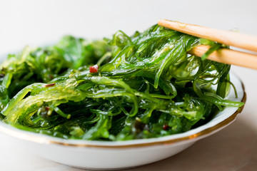 Japanese Wakame Seaweed Salad with Chopsticks.