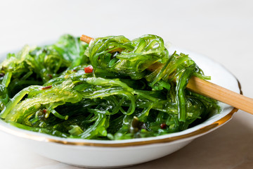 Japanese Wakame Seaweed Salad with Chopsticks.