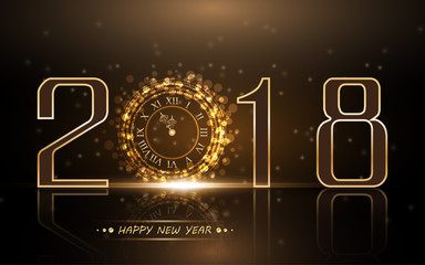 Naklejka premium 2018 New Year background with gold clock