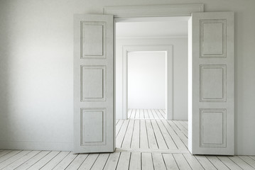 Leere Wohnung mit 3 Räumen, heller Wand und Flügeltüren