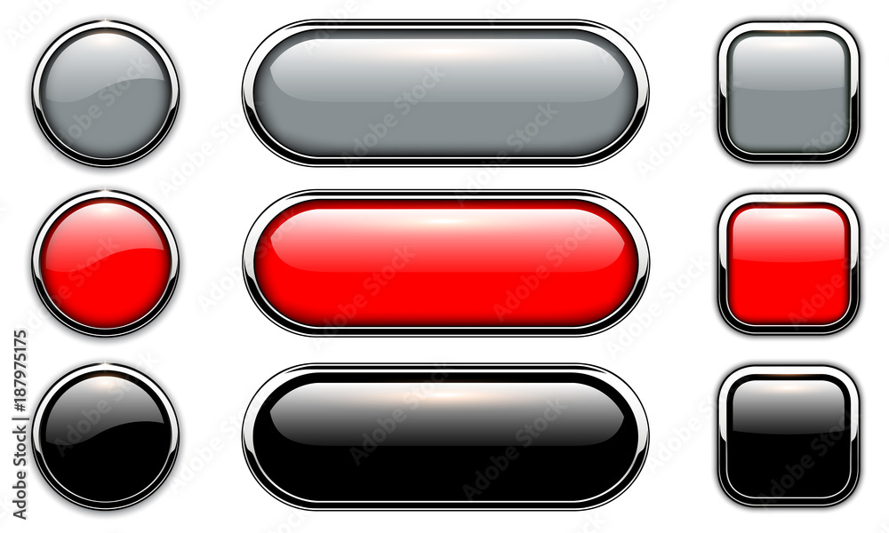 Poster Glossy buttons set with metallic, chrome elements, shiny icons