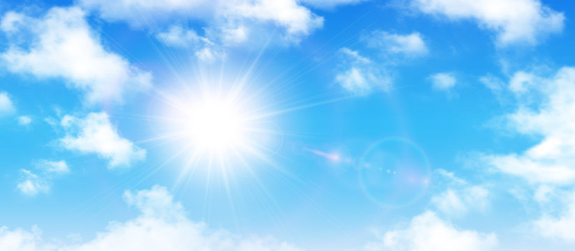 Sunny background, blue sky with white clouds and sun