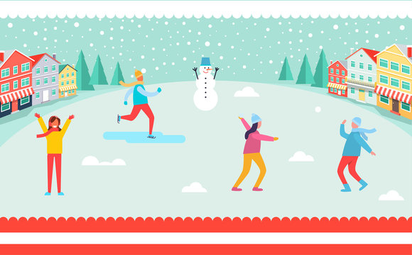 Wintertime and Skiing People Vector Illustration
