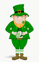 Hand drawn vector illustration of a funny smiling leprechaun dressed in green with orange beard and drinking beer