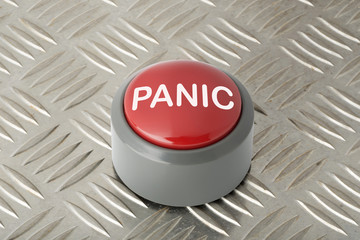 Red Panic Push Button on Aluminum Diamond Plate Background