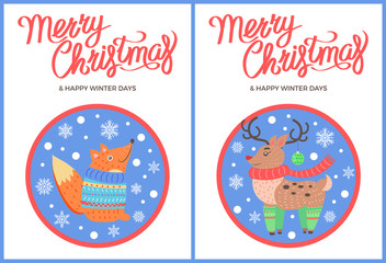 Merry Christmas and Winter Vector Fox Penguin Deer