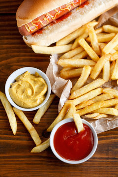 hot dog and french fries in the restaurant