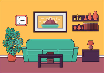 Living room interior. Vector. Linear room in flat design. Home space with sofa, coffee table and houseplant. Cartoon furniture. House equipment. Line art illustration.