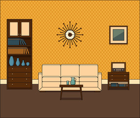 Retro room interior. Living room in in flat design. Thin line illustration. Vector graphics. Linear vintage home space with sofa, bookshelf and coffee table. House equipment. Cartoon furniture.