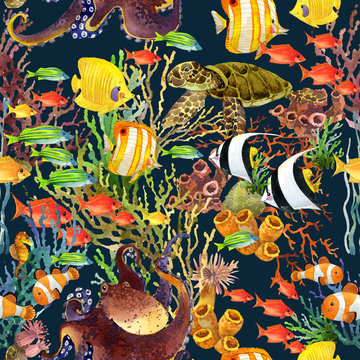 coral reef seamless pattern. underwater world background. cartoon sea fish watercolor illustration.