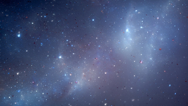 Blue glowing nebula, stars and galaxies on starfield