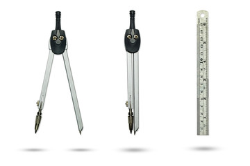 Compasses drawing and Metal ruler on a white background.