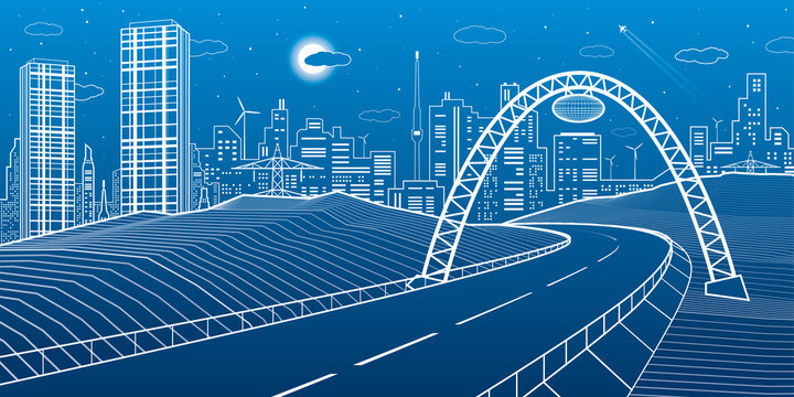 Highway under the bridge. Modern night town, neon city. Infrastructure illustration, urban scene. White lines on blue background. Vector design art 