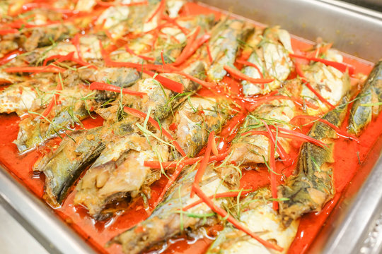 Fish in spicy red curry. Thai food is name chu chi pla