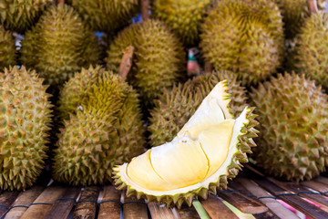 yellow durian in side Mon Thong durian fruit king of fruit in Thailand is ultra-tropical.