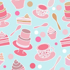 Cake party seamless pattern in pastel colours on turquoise background