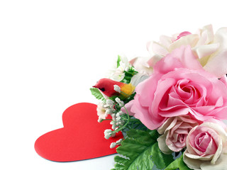 fake pink rose bouquet with colourful tiny bird and red heart card isolated on white