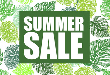 Hand drawn doodle sale banner with palm tree leaves