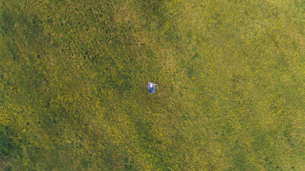 Aerial view of brunette girl lying on the green spring field on the blue litter