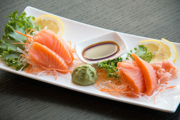 Slice piece salmon and wasabi
