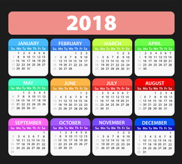 Year 2018 calendar vector template, stock illustration