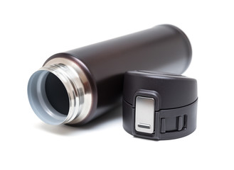 opened burgundy vacuum tumbler with safety lock on white background