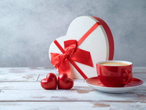 Coffee cup, heart shape and gift box