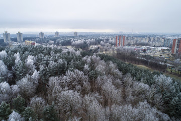 Aerial view over old soviet time architecture in Karoliniskes district, Vilnius, Lithuania. During...
