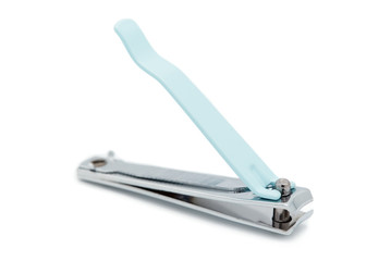 Blue nail scissors isolated white background.